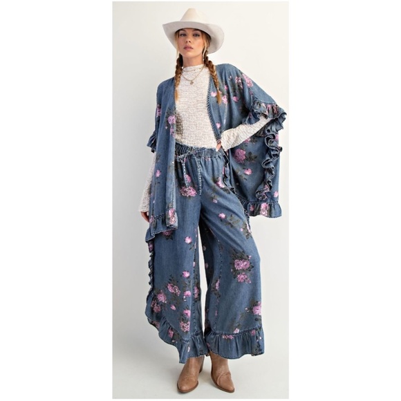 Easel Medium Wash Floral Print Tercel Ruffle Detail Open Front Cardigan - Picture 4 of 5